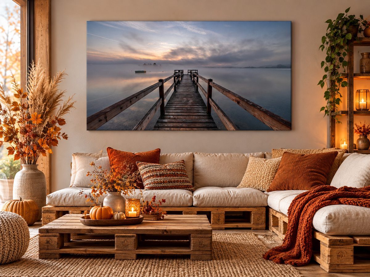 Leinwandbild Staffelsee mit Holzsteg und herbstlicher Nebelstimmung, Oberbayern