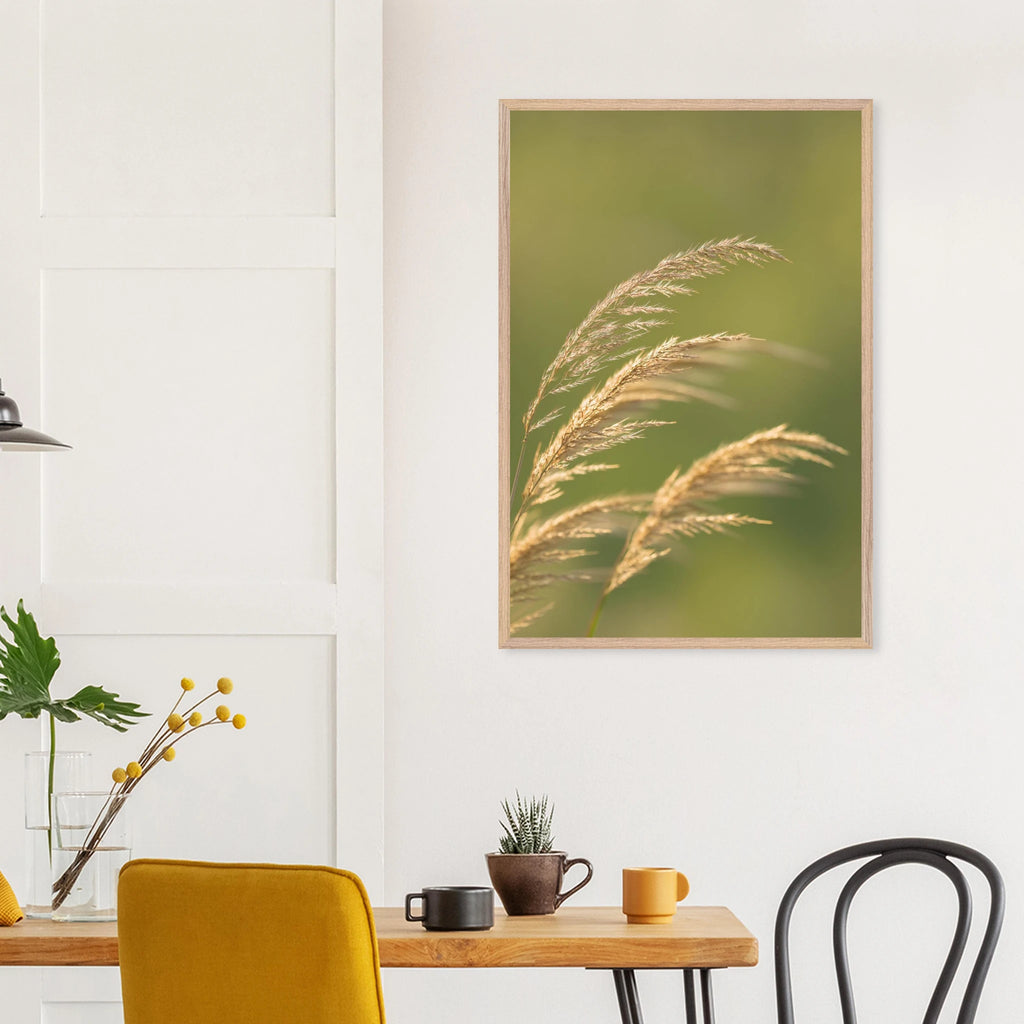 Naturwandbild für Büroräume, beruhigend, natürlich, nachhaltig. Gräser im Wind, natürliche Farben, grün,natur,gold