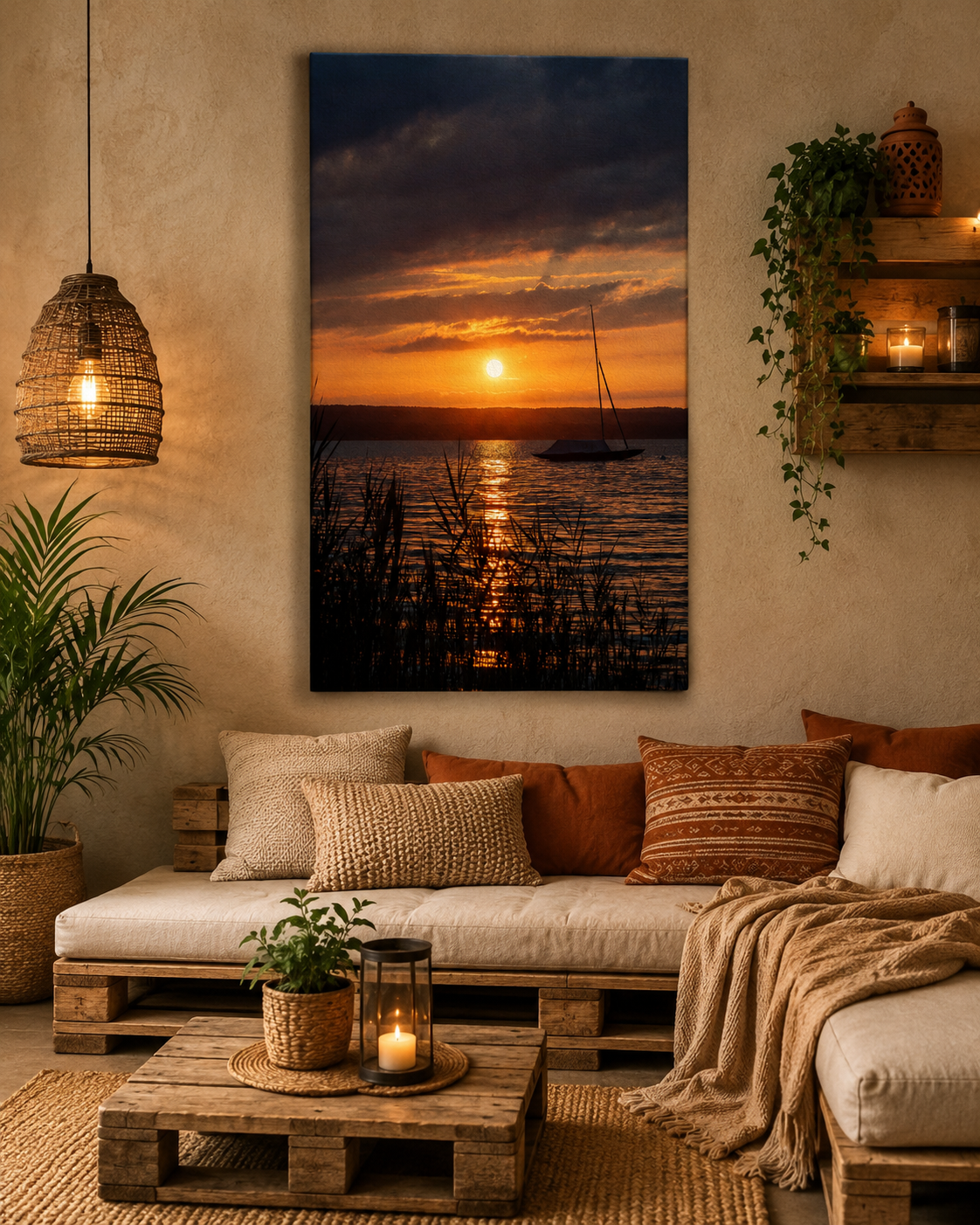 Vertikales Leinwandbild mit einem leuchtenden Sommer-Sonnenuntergang am Ammersee in Bayern. Goldene und orangefarbene Lichtstimmungen spiegeln sich auf dem Wasser, während ein Segelboot ruhig auf dem See liegt und feines Schilf im Vordergrund die natürliche Atmosphäre abrundet.