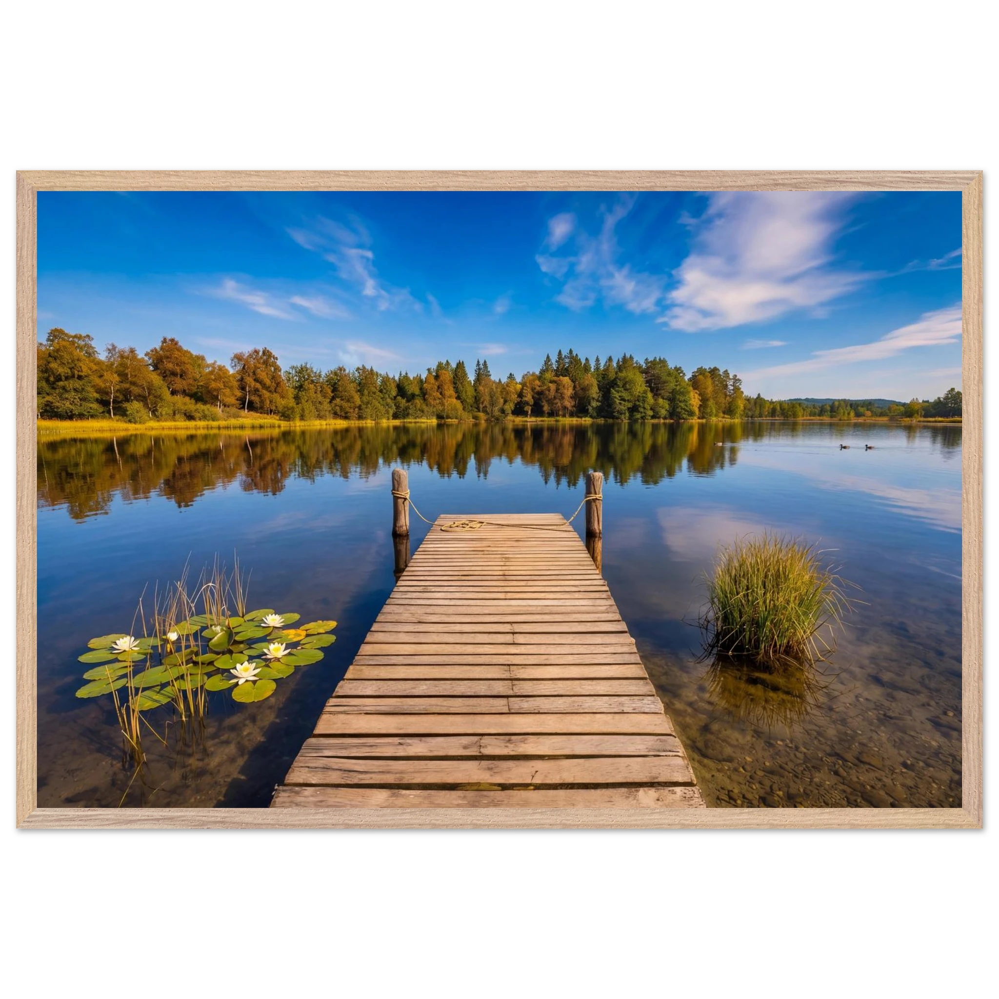 Hölzerner Steg an einem ruhigen Waldsee in Oberbayern während des Spätsommers. Weiße Seerosen und Schilf wachsen am klaren Uferwasser, während sich die goldenen Farben der Bäume am gegenüberliegenden Seeufer im Wasser spiegeln. Über der stillen Landschaft ziehen zarte Wolken über einen tiefblauen Himmel. Die harmonische Naturkulisse vermittelt Ruhe, Weite und das Gefühl eines friedlichen Tages am See.