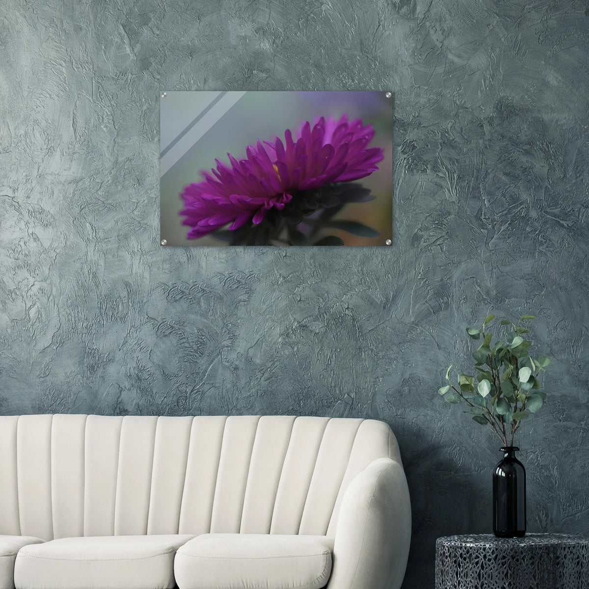 Acrylglasbild mit einer leuchtend violetten Aster in detailreicher Nahaufnahme. Die filigranen Blütenblätter heben sich vor einem sanft verschwommenen Hintergrund ab. Die ausdrucksstarke Makrofotografie setzt einen eleganten, natürlichen Farbakzent in modernen Wohnräumen.