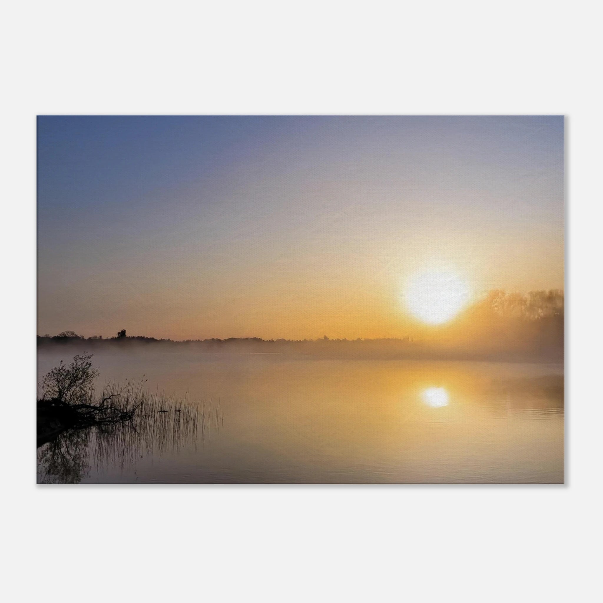 Goldener Sonnenaufgang am Staffelsee in Oberbayern mit dichtem Morgennebel, ruhiger Wasseroberfläche und leuchtender Spiegelung der Sonne.