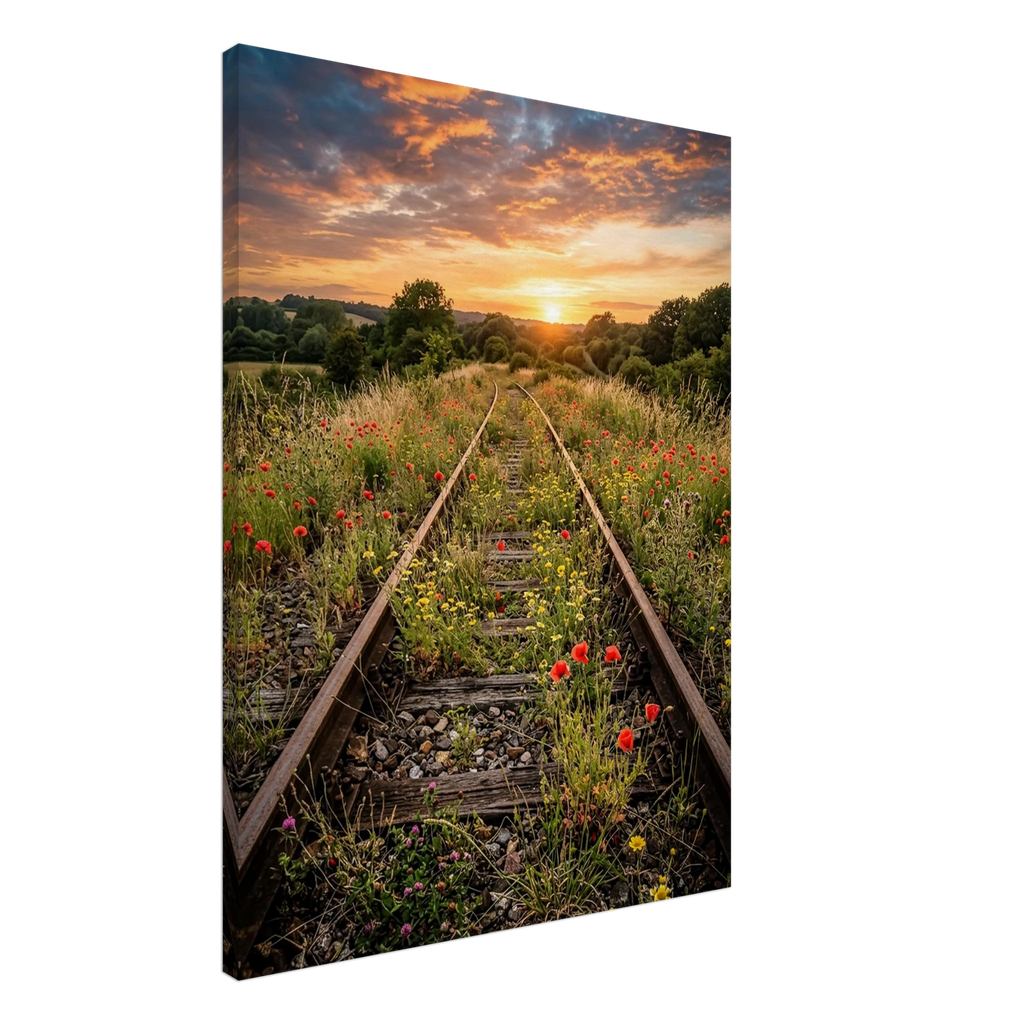 Leinwandbild, alte verlassene Bahngleise im Sonnenuntergang