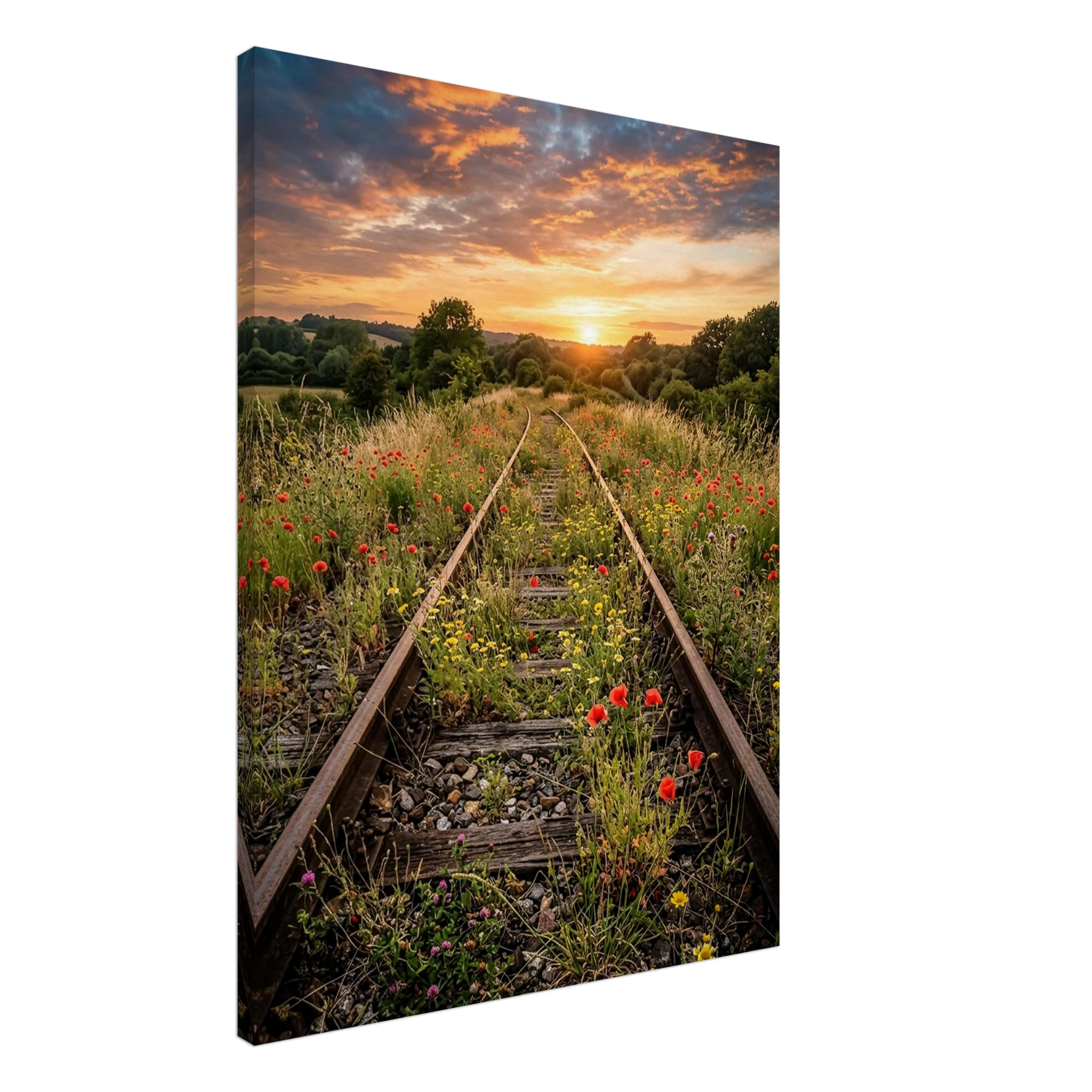 Leinwandbild, alte verlassene Bahngleise im Sonnenuntergang