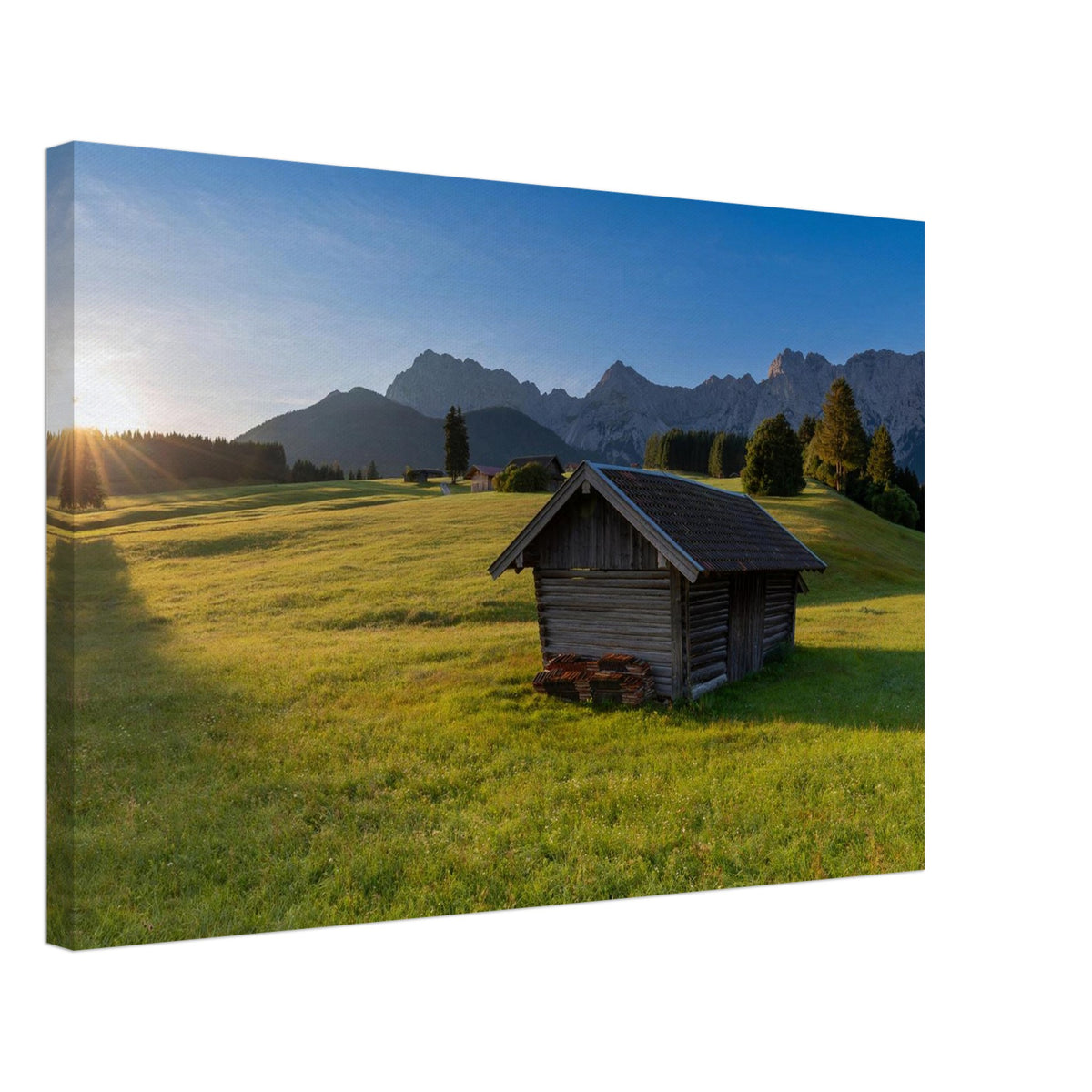 Leinwandbild Morgenlicht Karwendel – Holzhütte auf Buckelwiesen bei Krün, Sonnenaufgang, Karwendelgipfel
