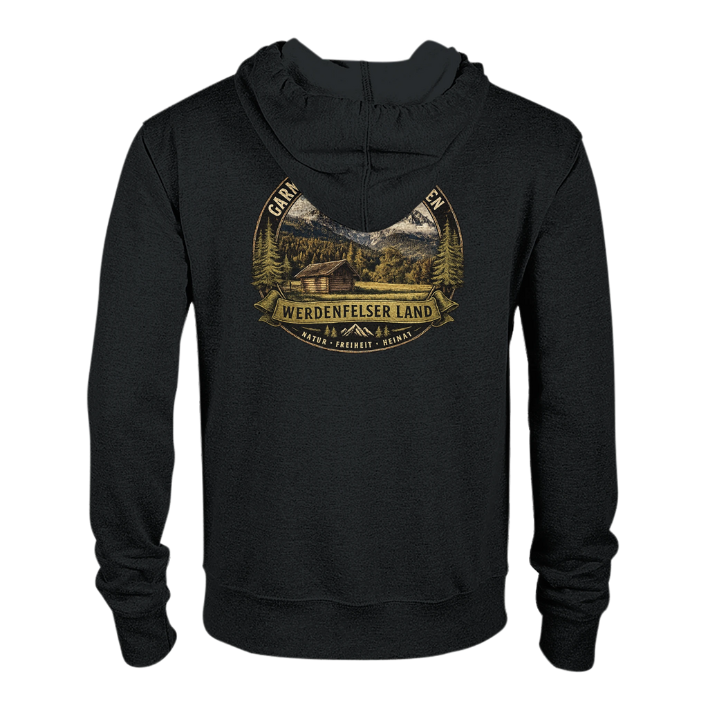 Schwarze Unisex Bio-Sweatjacke mit Kapuze und Reißverschluss. Auf der Rückseite befindet sich ein großer Vintage-Print „Werdenfelser Land“ mit einer Berghütte vor der Alpenkulisse von Garmisch-Partenkirchen sowie dem Schriftzug „Wo die Berge Heimat sind“. Nachhaltige Kapuzenjacke für Natur-, Wander- und Bergliebhaber.