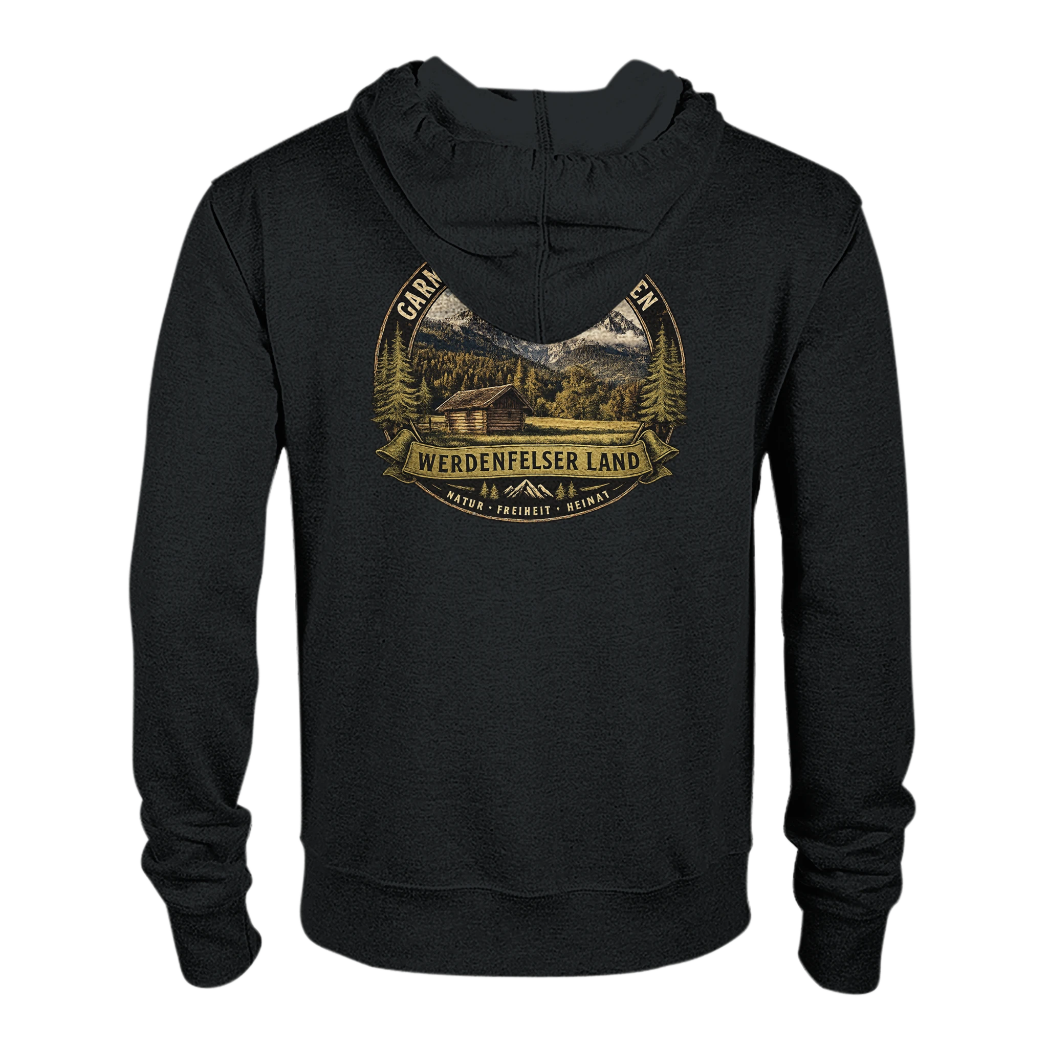 Schwarze Unisex Bio-Sweatjacke mit Kapuze und Reißverschluss. Auf der Rückseite befindet sich ein großer Vintage-Print „Werdenfelser Land“ mit einer Berghütte vor der Alpenkulisse von Garmisch-Partenkirchen sowie dem Schriftzug „Wo die Berge Heimat sind“. Nachhaltige Kapuzenjacke für Natur-, Wander- und Bergliebhaber.