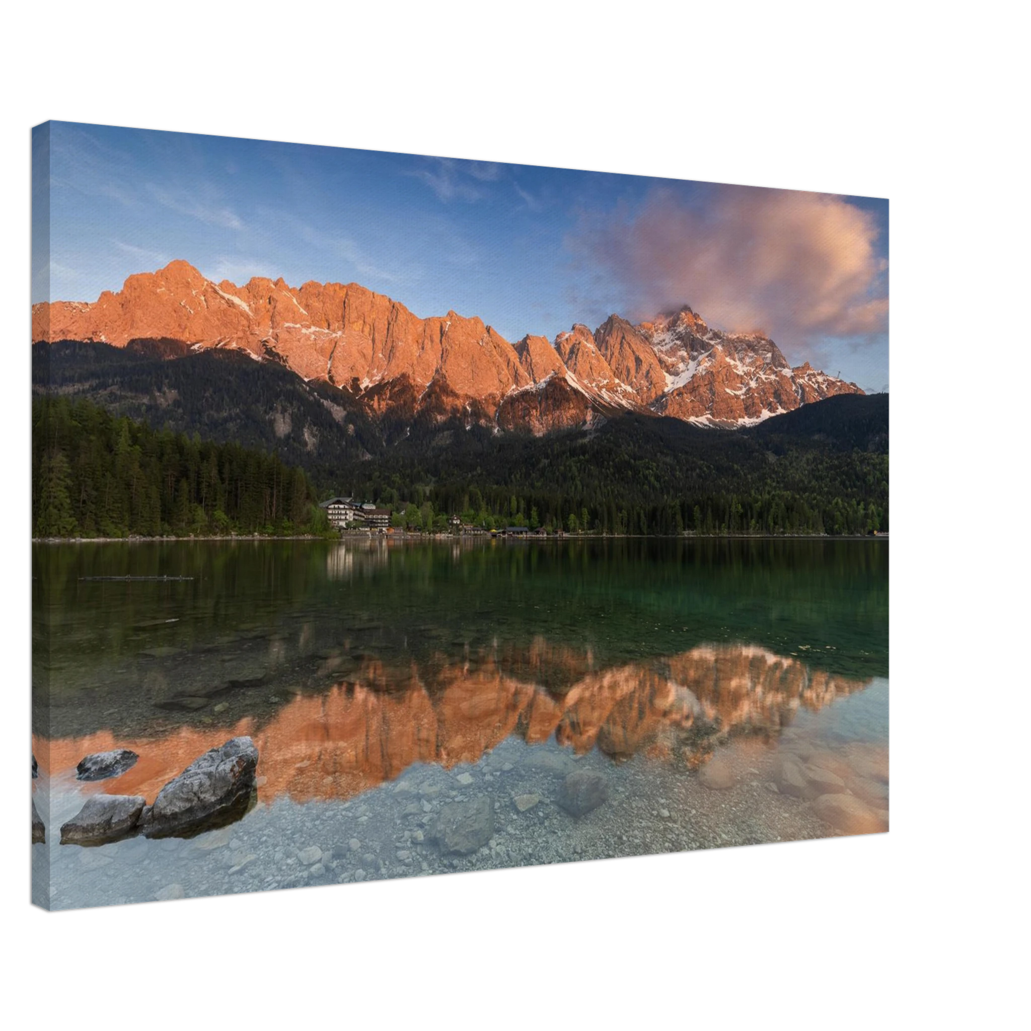 Eibsee im Alpenglühen – Zugspitzmassiv spiegelt sich im türkisklaren Wasser, Leinwandbild auf 2 cm Keilrahmen, Fine-Art-Fotografie Christina Bauer Photos

