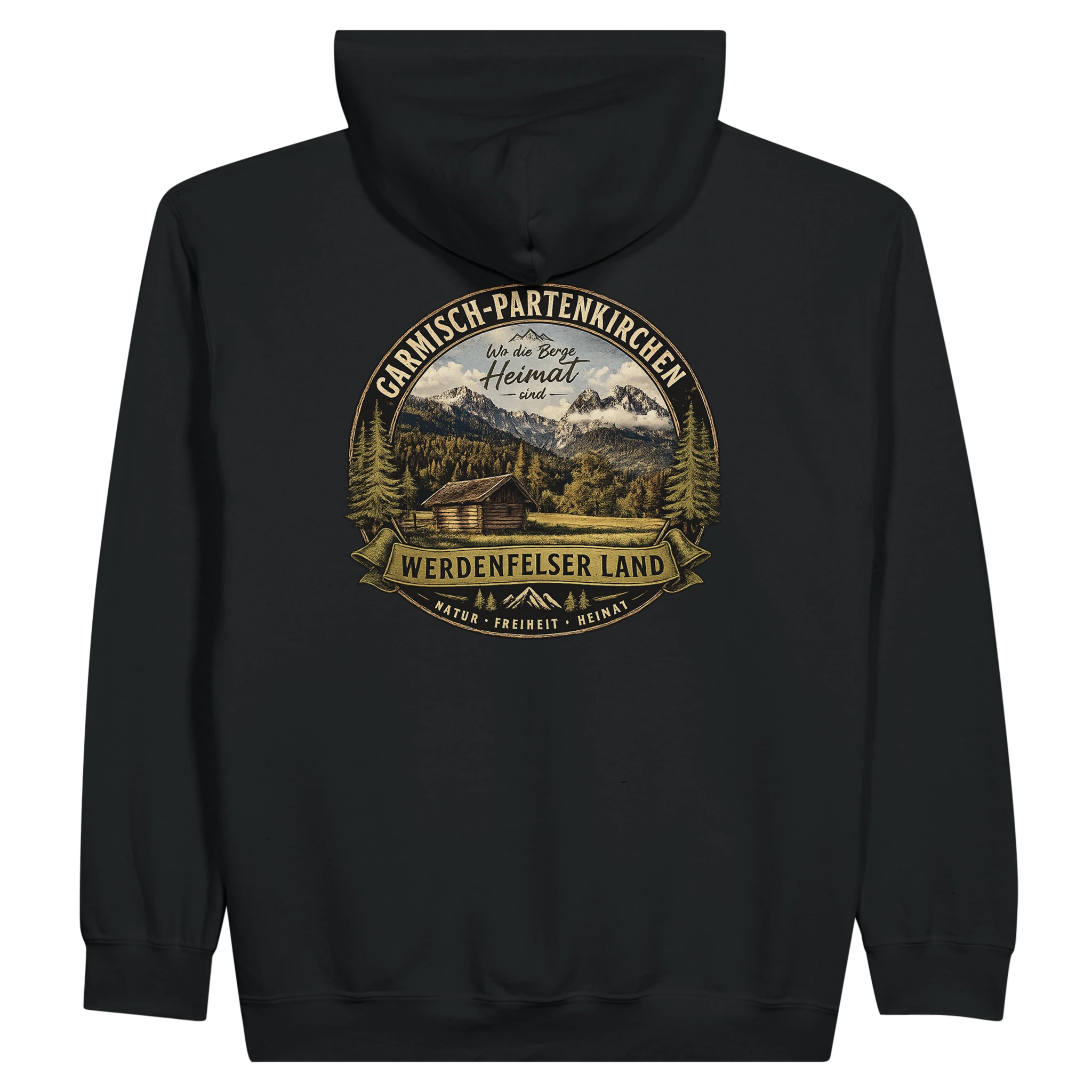 Schwarze Unisex Bio-Sweatjacke mit Kapuze und Reißverschluss. Auf der Rückseite befindet sich ein großer Vintage-Print „Werdenfelser Land“ mit einer Berghütte vor der Alpenkulisse von Garmisch-Partenkirchen sowie dem Schriftzug „Wo die Berge Heimat sind“. Nachhaltige Kapuzenjacke für Natur-, Wander- und Bergliebhaber.