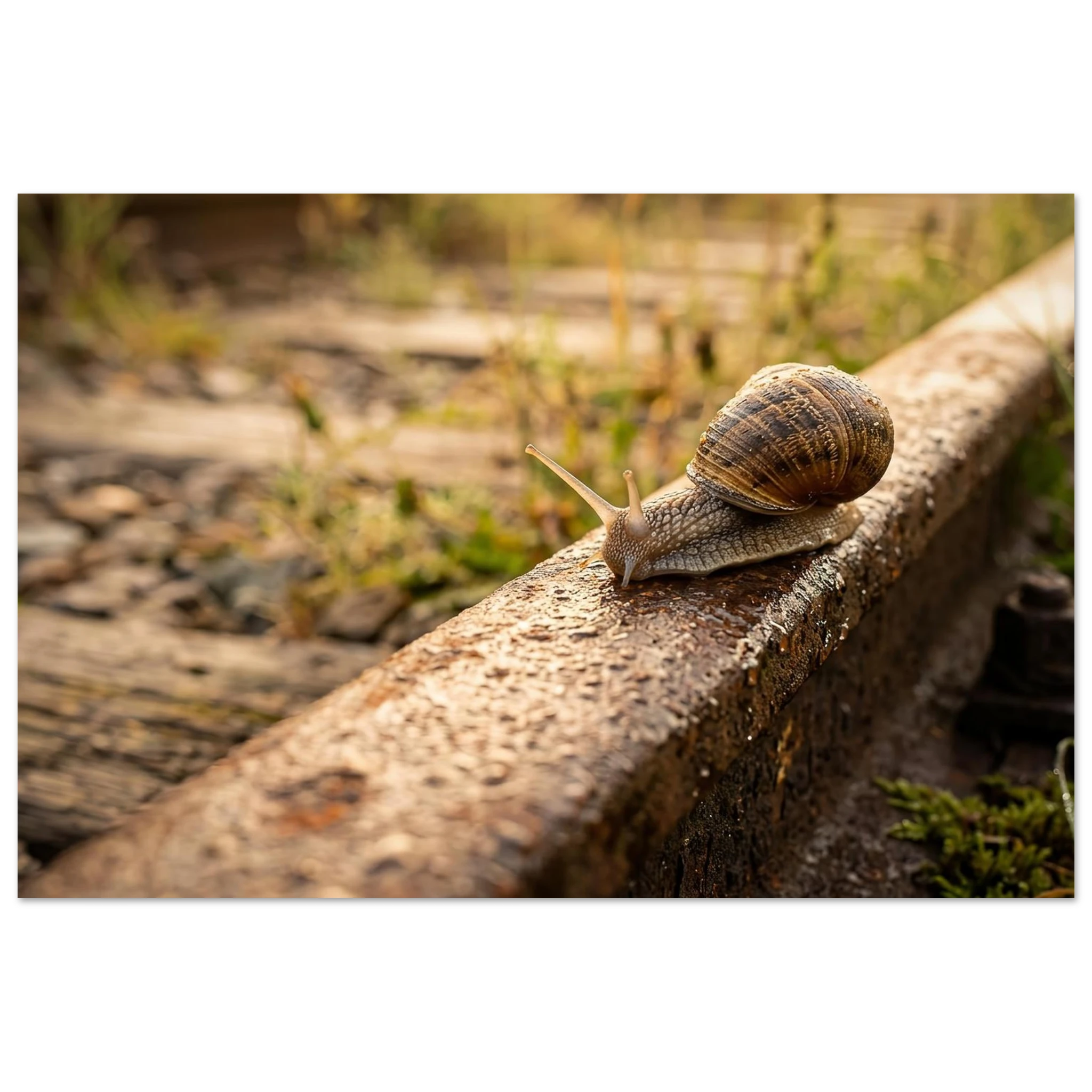 Eine Schnecke kriecht im warmen Morgenlicht über eine rostige Bahnschiene einer stillgelegten Bahnstrecke. Tautropfen glitzern auf dem verwitterten Stahl, während im sanft verschwommenen Hintergrund Gräser und alte Holzschwellen eine ruhige, natürliche Atmosphäre schaffen.
