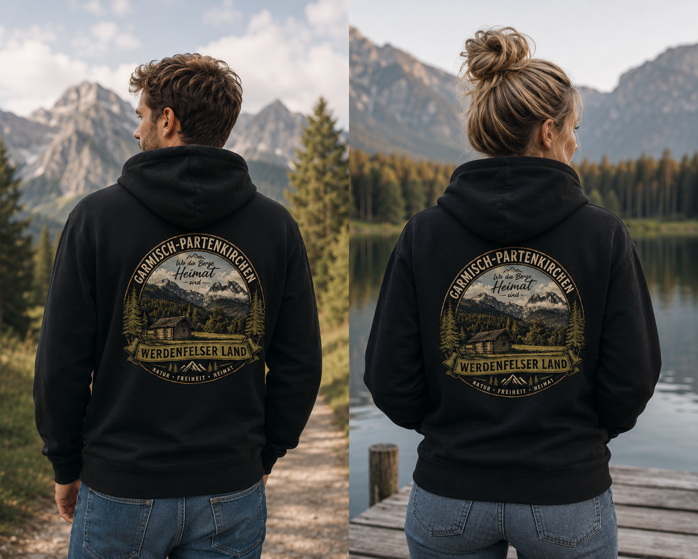 Schwarze Unisex Bio-Sweatjacke mit Kapuze und Reißverschluss. Auf der Rückseite befindet sich ein großer Vintage-Print „Werdenfelser Land“ mit einer Berghütte vor der Alpenkulisse von Garmisch-Partenkirchen sowie dem Schriftzug „Wo die Berge Heimat sind“. Nachhaltige Kapuzenjacke für Natur-, Wander- und Bergliebhaber.