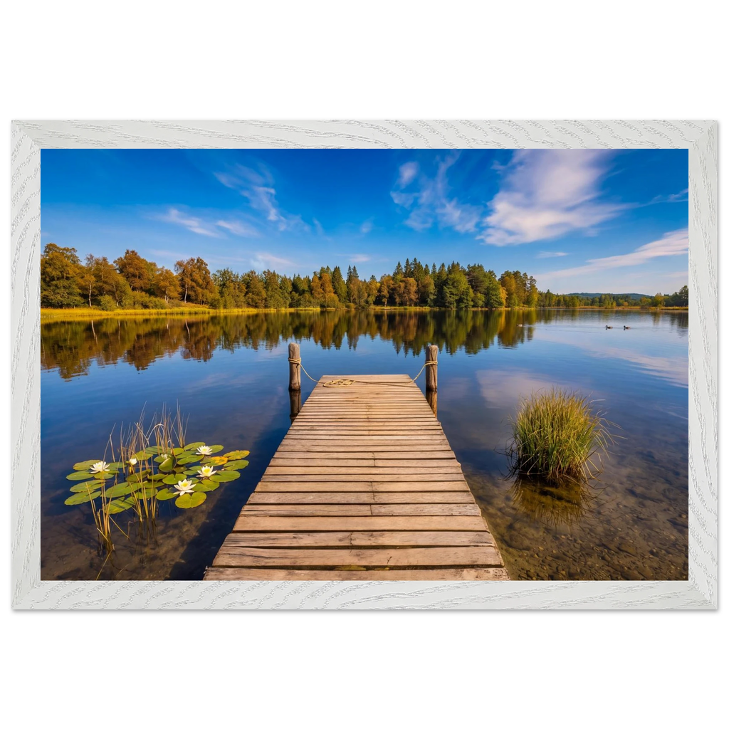 Hölzerner Steg an einem ruhigen Waldsee in Oberbayern während des Spätsommers. Weiße Seerosen und Schilf wachsen am klaren Uferwasser, während sich die goldenen Farben der Bäume am gegenüberliegenden Seeufer im Wasser spiegeln. Über der stillen Landschaft ziehen zarte Wolken über einen tiefblauen Himmel. Die harmonische Naturkulisse vermittelt Ruhe, Weite und das Gefühl eines friedlichen Tages am See.