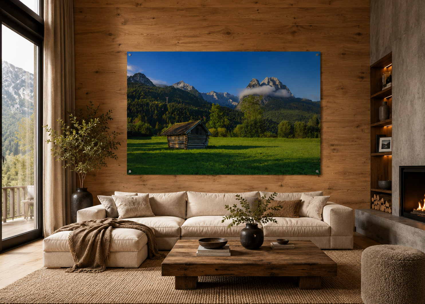 Panoramablick auf das Werdenfelser Land bei Garmisch-Partenkirchen mit einer kleinen Heuhütte auf einer grünen Wiese vor den Bergen des Wettersteingebirges. Warmes Morgenlicht, blauer Himmel und eine sanfte Wolke über den Gipfeln schaffen eine ruhige, natürliche Alpenstimmung.