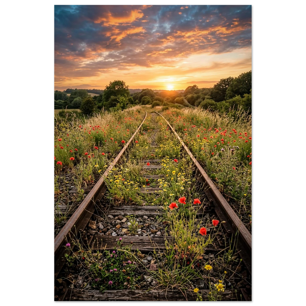Alte überwucherte Bahngleise führen durch eine blühende Sommerwiese mit rotem Mohn und Wildblumen in einen leuchtenden Sonnenuntergang. Stimmungsvolle Landschaft mit dramatischem Abendhimmel als hochwertiges Wandbild.

