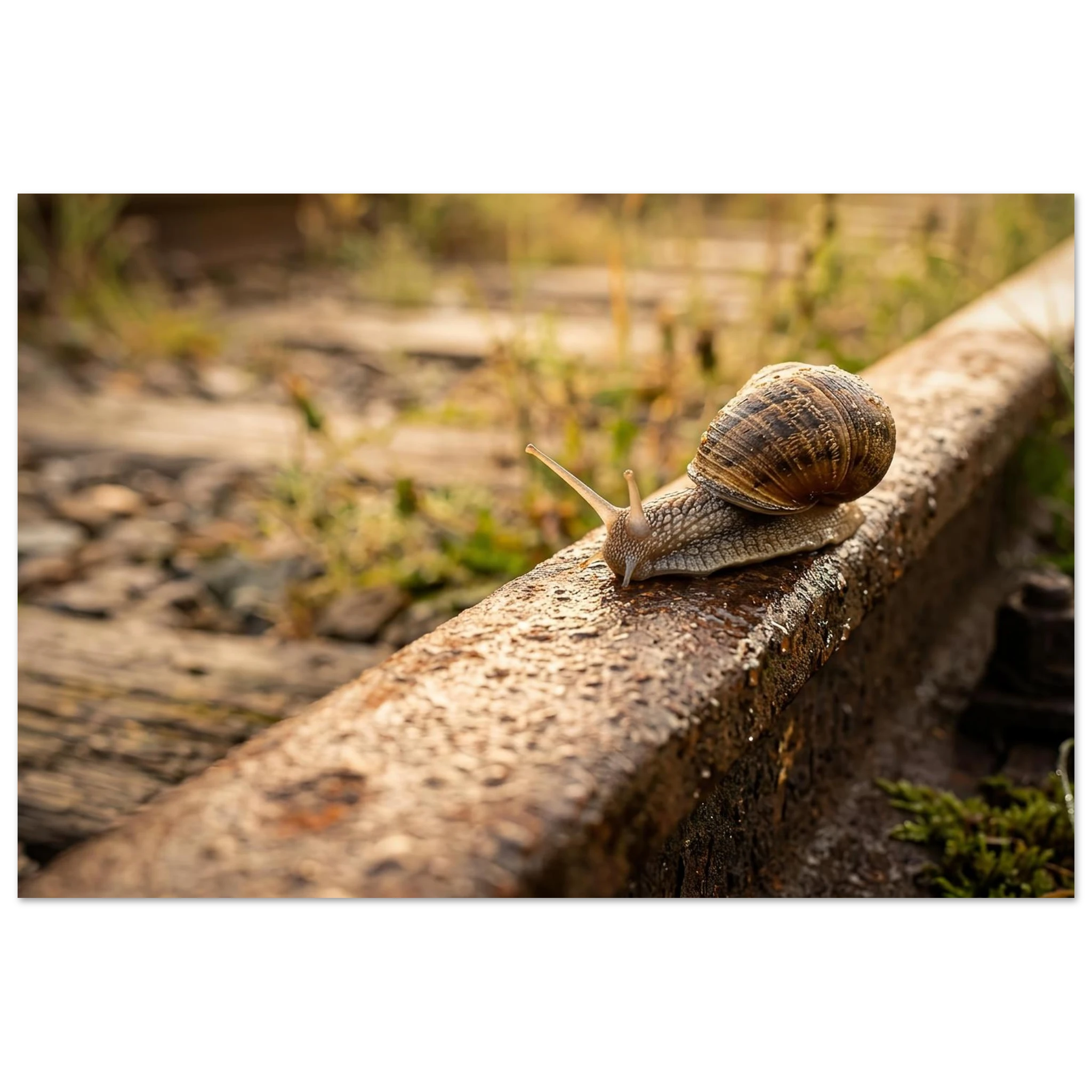 Eine Schnecke kriecht im warmen Morgenlicht über eine rostige Bahnschiene einer stillgelegten Bahnstrecke. Tautropfen glitzern auf dem verwitterten Stahl, während im sanft verschwommenen Hintergrund Gräser und alte Holzschwellen eine ruhige, natürliche Atmosphäre schaffen.
