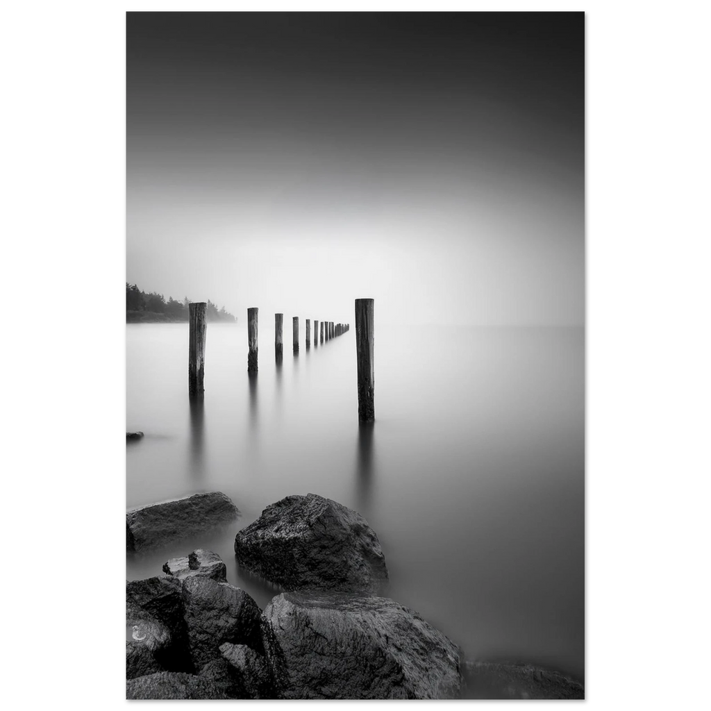 Stimmungsvolle Schwarz-Weiß-Fotografie einer nebligen Seenlandschaft mit einer langen Reihe alter Holzpfähle, die im ruhigen Wasser verschwinden. Eine Langzeitbelichtung verleiht der Wasseroberfläche eine samtweiche Struktur. Dunkle Felsen im Vordergrund und sanfte Spiegelungen unterstreichen die minimalistische, geheimnisvolle Atmosphäre.