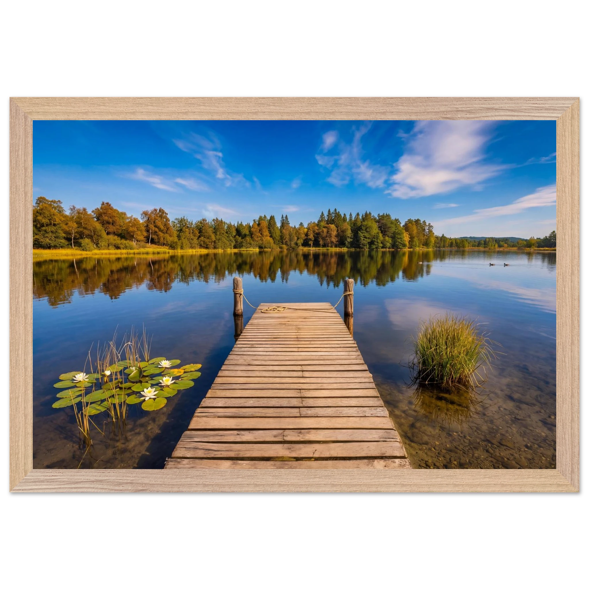 Hölzerner Steg an einem ruhigen Waldsee in Oberbayern während des Spätsommers. Weiße Seerosen und Schilf wachsen am klaren Uferwasser, während sich die goldenen Farben der Bäume am gegenüberliegenden Seeufer im Wasser spiegeln. Über der stillen Landschaft ziehen zarte Wolken über einen tiefblauen Himmel. Die harmonische Naturkulisse vermittelt Ruhe, Weite und das Gefühl eines friedlichen Tages am See.