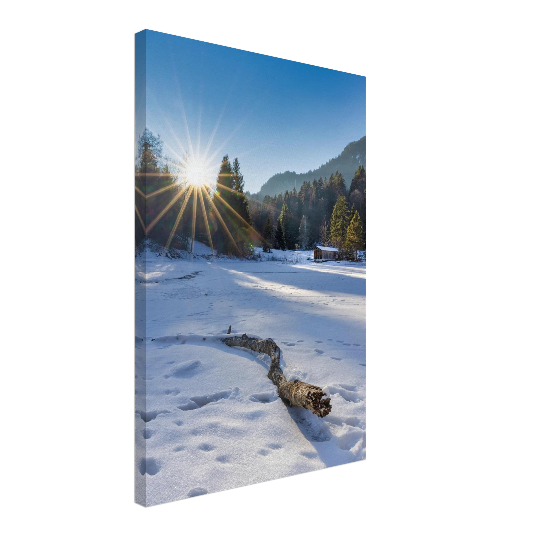 Winterliches Leinwandbild aus Garmisch-Partenkirchen mit strahlender Sonne über verschneiter Landschaft, vereistem Weiher, kleiner Holzhütte, Wald und Bergen im Hintergrund.