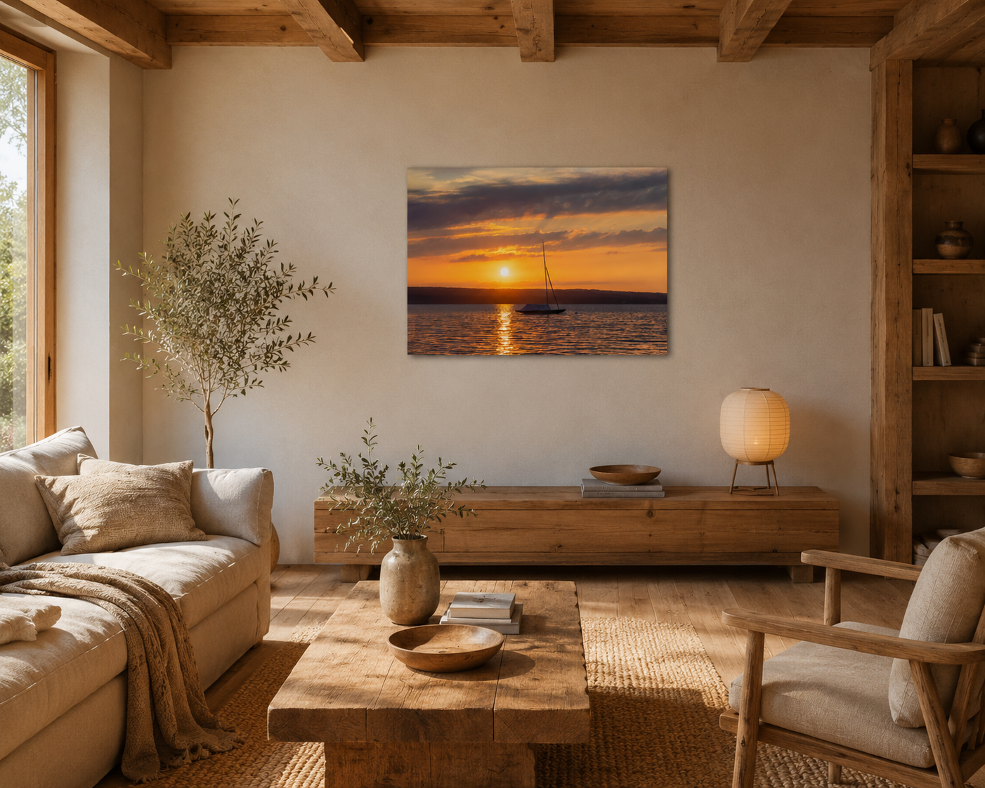Premium Matt Poster „Ammersee Sonnenuntergang“ von Christina Bauer Photos. Ein einzelnes Segelboot liegt ruhig auf dem Wasser des Ammersees, während die untergehende Sonne den Himmel in warme Orange-, Gold- und sanfte Violetttöne taucht. Das Licht spiegelt sich auf der Wasseroberfläche und schafft eine ruhige, stimmungsvolle Atmosphäre voller Weite, Sommergefühl und natürlicher Eleganz.
