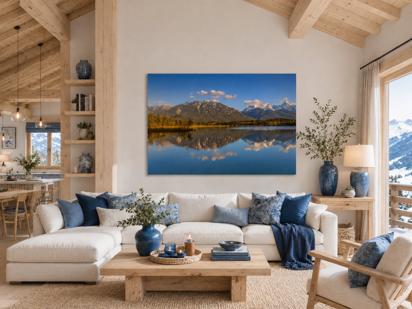 Stimmungsvolle Aufnahme des Barmsees in Oberbayern mit ruhiger Spiegelung der Berge im klaren Wasser, sanftem Abendlicht und weiter blauer Himmelkulisse.