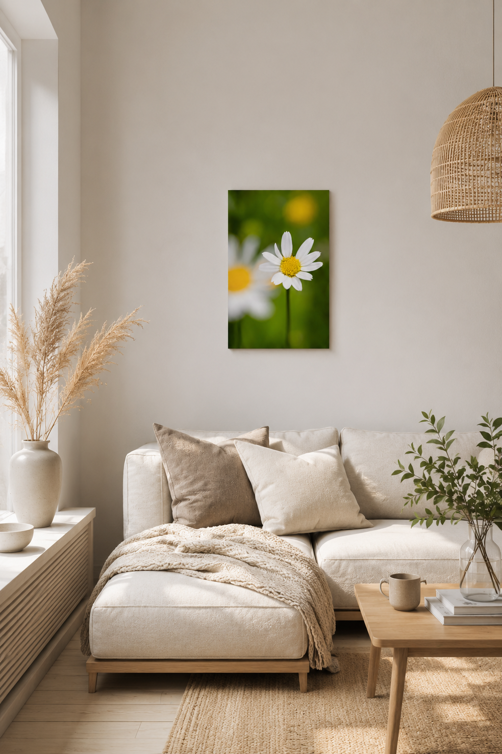 Makrofotografie einer weißen Margerite mit gelber Blütenmitte vor einem weichen grünen Hintergrund. Die Blume ist detailreich scharf fotografiert, während weitere Margeriten im Hintergrund in sanfter Unschärfe verschwimmen und eine ruhige, natürliche Frühlingsstimmung erzeugen.