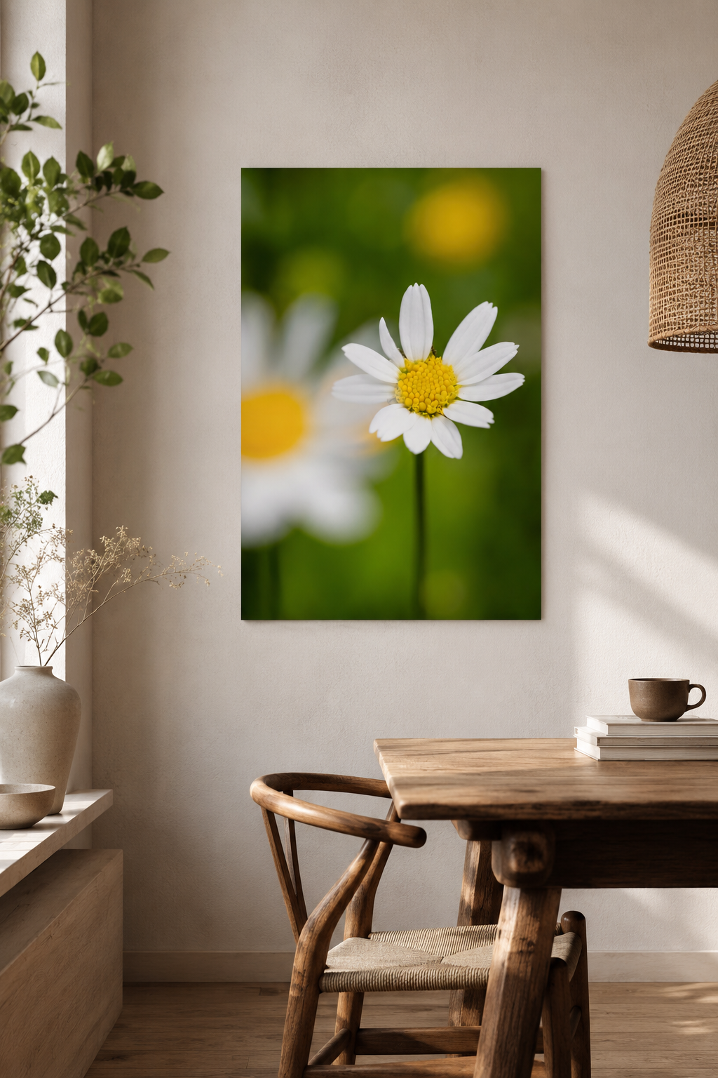 Makrofotografie einer weißen Margerite mit gelber Blütenmitte vor einem weichen grünen Hintergrund. Die Blume ist detailreich scharf fotografiert, während weitere Margeriten im Hintergrund in sanfter Unschärfe verschwimmen und eine ruhige, natürliche Frühlingsstimmung erzeugen.