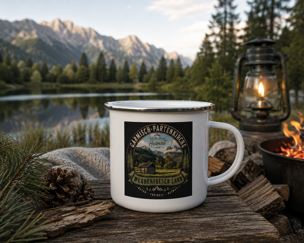 Emaille-Tasse mit Vintage-Design „Werdenfelser Land“, inspiriert von Garmisch-Partenkirchen und der Alpenlandschaft – aus der Werdenfels Collection by Christina Bauer.