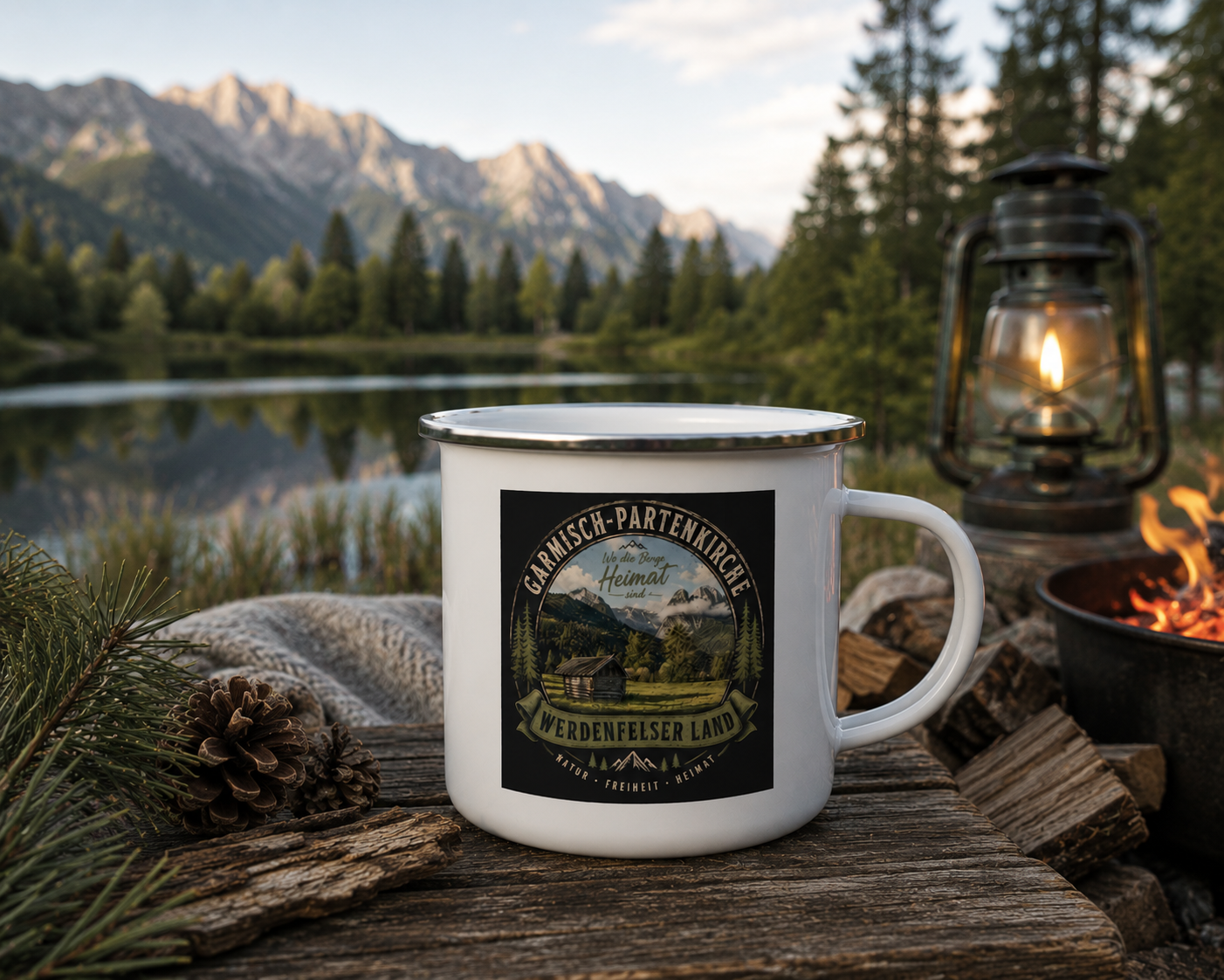 Emaille-Tasse mit Vintage-Design „Werdenfelser Land“, inspiriert von Garmisch-Partenkirchen und der Alpenlandschaft – aus der Werdenfels Collection by Christina Bauer.