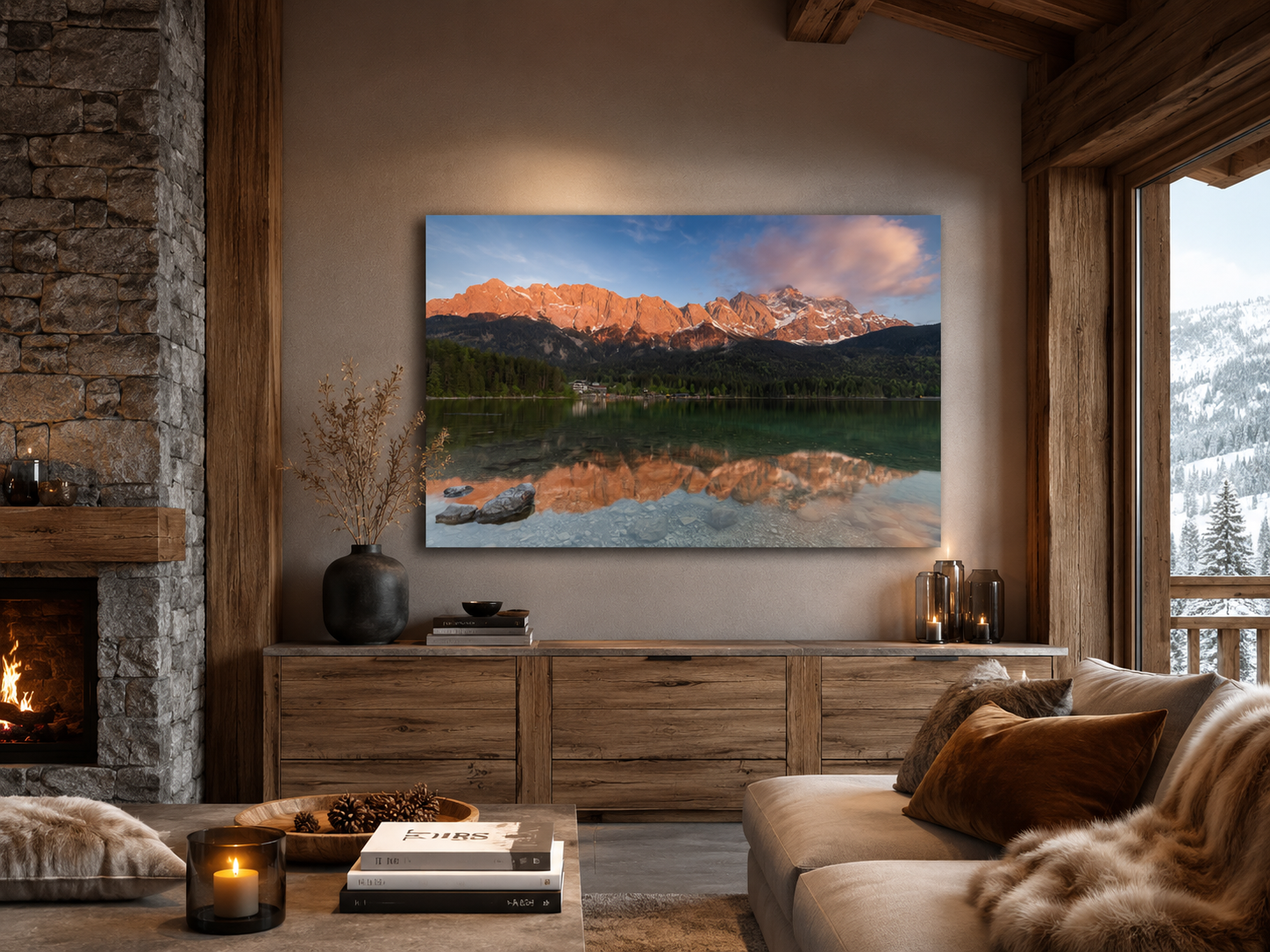Eibsee im Alpenglühen – Zugspitzmassiv spiegelt sich im türkisklaren Wasser, Leinwandbild auf 2 cm Keilrahmen, Fine-Art-Fotografie Christina Bauer Photos
