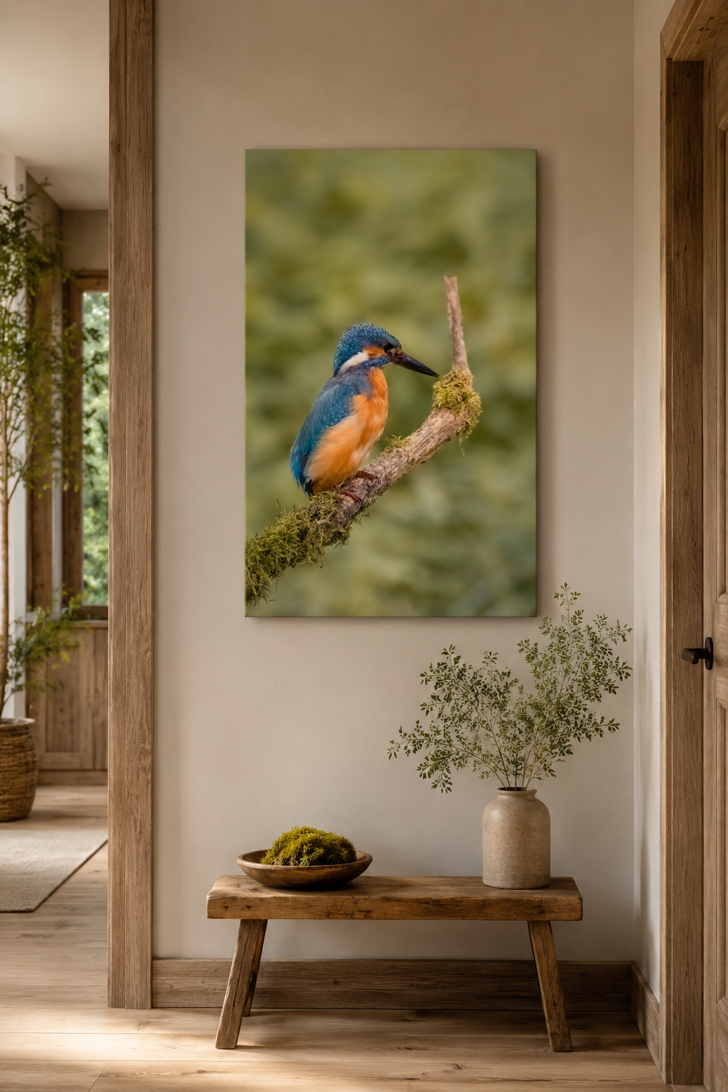 Eisvogel mit leuchtend blauem und orangefarbenem Gefieder auf einem moosbewachsenen Ast. Naturaufnahme mit sanft unscharfem Hintergrund und feinen Gefiederdetails. 
