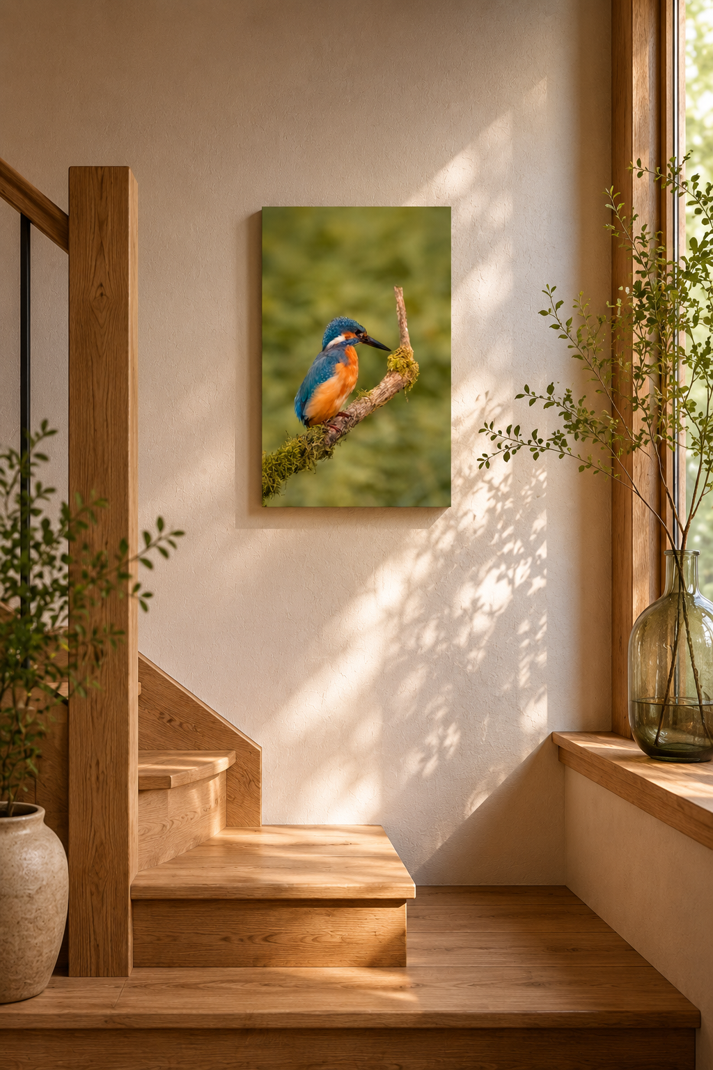 Eisvogel mit leuchtend blauem und orangefarbenem Gefieder auf einem moosbewachsenen Ast. Naturaufnahme mit sanft unscharfem Hintergrund und feinen Gefiederdetails. 