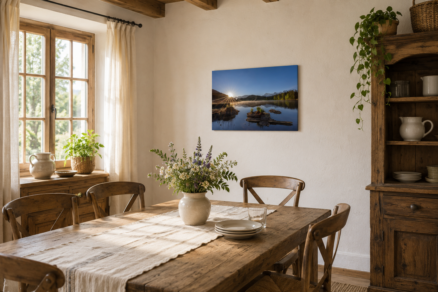 ländliches Esszimmer mit Wandbild Geroldsee bei Sonnenaufgang, charmantes Alpenbild aus Oberbayern