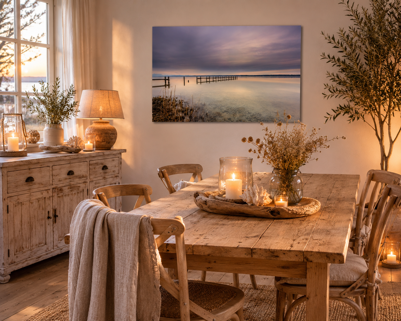 Helles Esszimmer im maritimen Landhausstil mit naturbelassenem Holzboden und Möbeln aus hellem, verwittertem Holz. Über einer großzügigen Kommode hängt ein ungerahmtes Ammersee-Poster im Format 40 × 60 cm. Das Motiv zeigt einen stillen See mit einem verwitterten Steg unter einem weiten, wolkenverhangenen Himmel. Maritime Dekorationen aus Treibholz, Muscheln, Segelboot-Modellen und Laternen ergänzen die ruhige Atmosphäre. Große Fenster lassen viel Tageslicht in den Raum und unterstreichen die natürliche, ent
