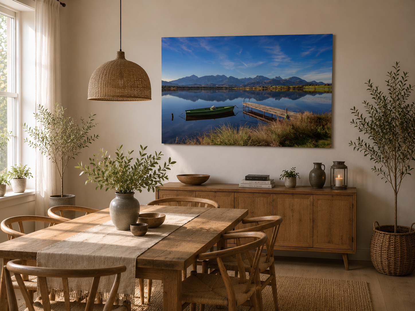 Helles Esszimmer im skandinavischen Stil mit Holztisch und natürlichen Materialien. Das große ungerahmte Hopfensee-Poster im Format 70 × 100 cm horizontal wirkt als Blickfang an der Wand und bringt die Farben von Wasser, Himmel und Bergen in den Raum.