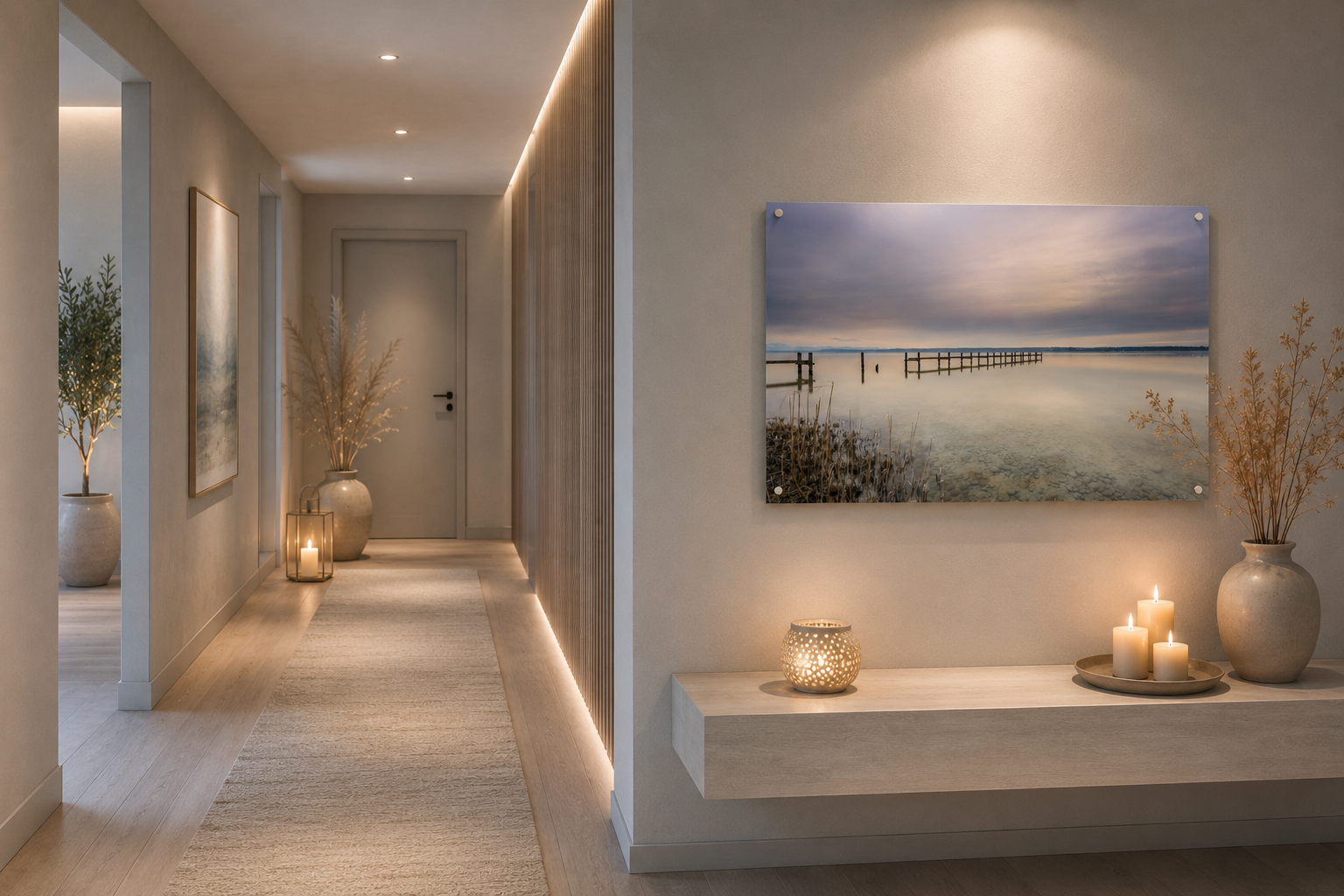 Außergewöhnlicher, stilvoller Flur in sanften Grau-, Beige- und Greigetönen, abgestimmt auf die Farben eines ruhigen Ammersee-Motivs. An der Wand hängt ein horizontaler Acryldruck im Format 40 × 60 cm mit einem Holzsteg auf spiegelglattem Wasser unter einem weichen, wolkenverhangenen Himmel. Helles Naturholz, indirekte Beleuchtung, Kerzen und dezente Naturdekoration greifen die zarten Farbtöne des Bildes auf und schaffen eine elegante, harmonische Atmosphäre voller Ruhe und Weite.