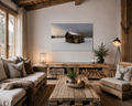 Poster Heustadel auf verschneiter Wiese im stimmungsvollen Licht in einem Chalet mit Holzmöbeln