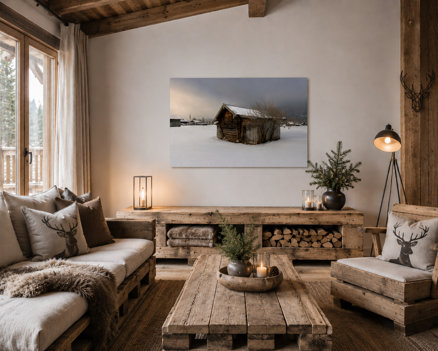 Poster Heustadel auf verschneiter Wiese im stimmungsvollen Licht in einem Chalet mit Holzmöbeln
