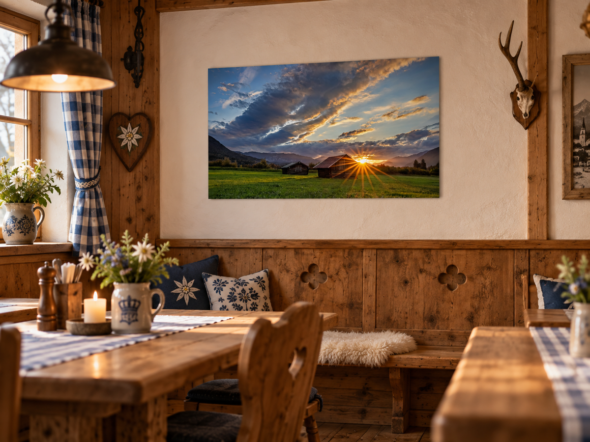 a in a scheene Gaststubn passt des Buidl recht guad, findst net? Bayerische Gaststube mit Wandbild Sonnnuntergang mit Wettersteingebirge und Heuhütte 