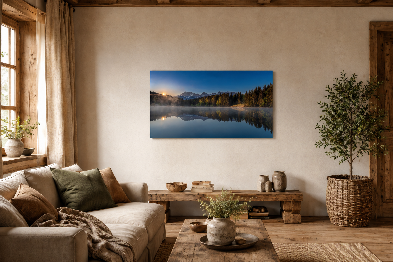 Ein stiller Morgen am Geroldsee in Oberbayern. Feine Nebelschleier ziehen sanft über das ruhige Wasser, während sich die umliegenden Wälder und die Bergwelt nahezu vollkommen im See spiegeln. Das erste warme Licht des Tages berührt die Bäume und schenkt der Landschaft eine besondere Ruhe und Tiefe.
