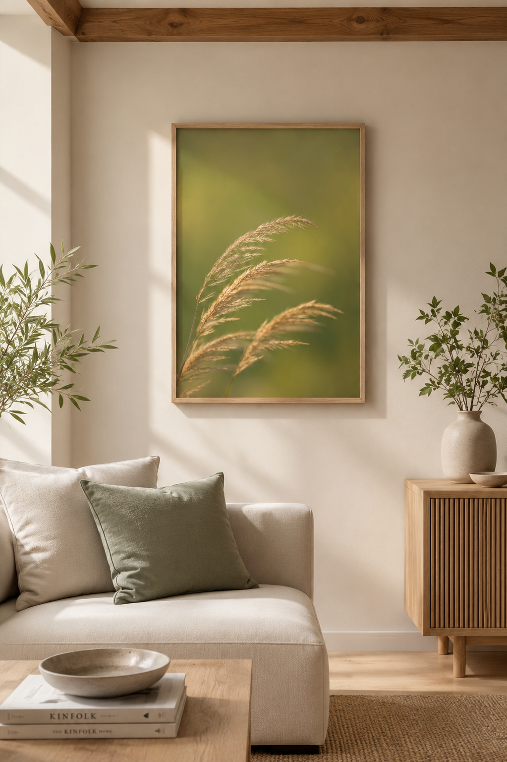 Modernes, lichtdurchflutetes Wohnzimmer in natürlichen Beige- und Holztönen. An der hellen Wand hängt ein vertikales Poster mit zarten, goldenen Gräsern vor einem weich verschwommenen grünen Hintergrund, eingefasst in einen naturfarbenen Holzrahmen. Helle Polstermöbel, moderne Holzmöbel mit klaren Linien, dezente Pflanzen und sichtbare Holzdeckenbalken schaffen eine ruhige, zeitgemäße und naturnahe Wohnatmosphäre.