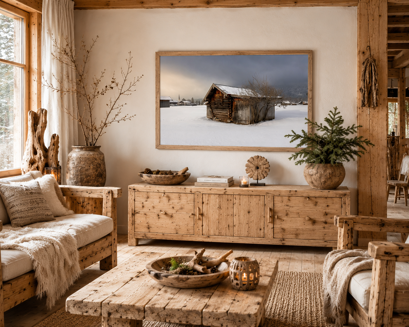Gemütliches ländliches Wohnzimmer mit naturbelassenen Möbeln aus hellem Massivholz, rustikalem Couchtisch und passenden Holzsesseln. Warme Naturtöne, dezente Dekoration aus Holz, Kerzen und Trockenästen schaffen eine behagliche Atmosphäre. An der hellen Wand hängt ein horizontales Poster im Format 30 × 45 cm mit naturfarbenem Holzrahmen. Das Motiv zeigt eine alte Holzhütte in einer verschneiten Winterlandschaft unter dramatischem Himmel. Große Fenster lassen viel Tageslicht in den Raum und unterstreichen de