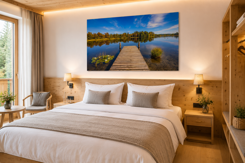 Helles Hotelzimmer mit natürlichem Holzdesign und warmem, einladendem Ambiente. Über dem Bett hängt ein großes, ungerahmtes Poster mit einer ruhigen Waldsee-Landschaft in Oberbayern. Ein hölzerner Steg führt über das klare Wasser, das die spätsommerlichen Bäume und den blauen Himmel mit seinen zarten Wolken widerspiegelt. Die warmen Gold- und Naturtöne des Motivs harmonieren mit den Holzoberflächen und schaffen eine Atmosphäre von Ruhe, Geborgenheit und Erholung.