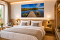 Helles Hotelzimmer mit natürlichem Holzdesign und warmem, einladendem Ambiente. Über dem Bett hängt ein großes, ungerahmtes Poster mit einer ruhigen Waldsee-Landschaft in Oberbayern. Ein hölzerner Steg führt über das klare Wasser, das die spätsommerlichen Bäume und den blauen Himmel mit seinen zarten Wolken widerspiegelt. Die warmen Gold- und Naturtöne des Motivs harmonieren mit den Holzoberflächen und schaffen eine Atmosphäre von Ruhe, Geborgenheit und Erholung.