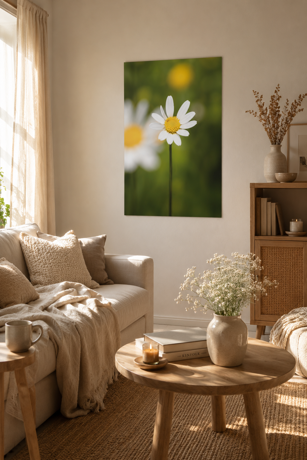 Zarte weiße Margerite mit gelber Blütenmitte vor einem weichen grünen Hintergrund in natürlicher Unschärfe. Das vertikale Premium Matt Poster vermittelt Ruhe, Schlichtheit und die Schönheit im Unperfekten.