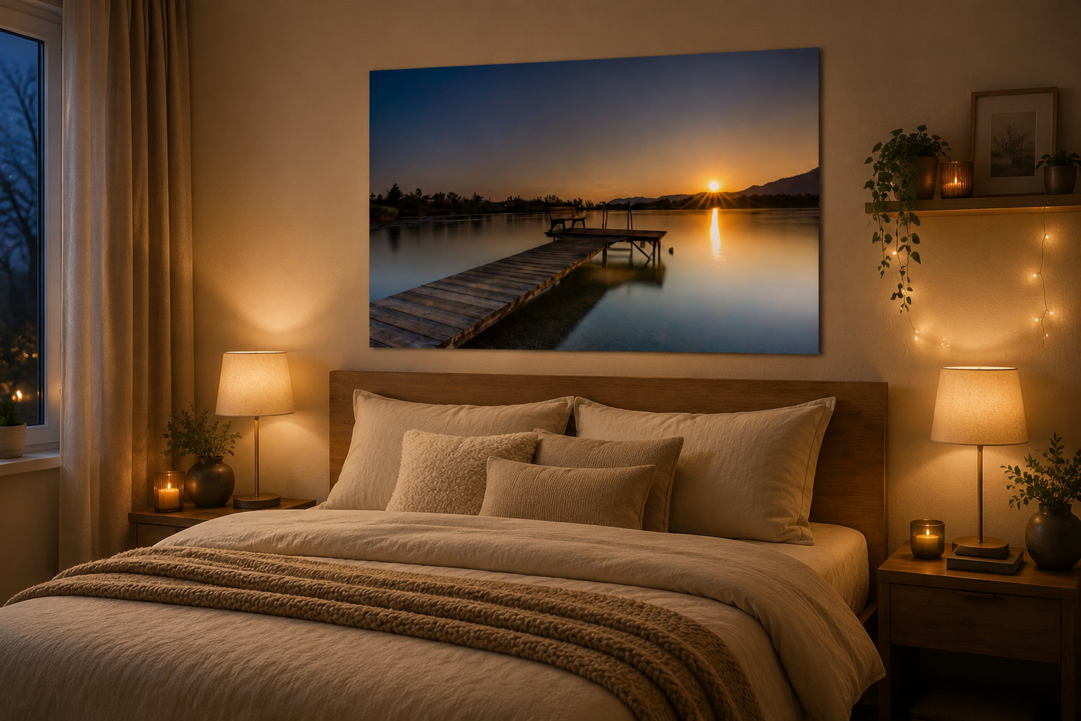 Schlafzimmer mit schöner Atmosphäre und einem Poster mit Sonnenaufgang am See an der Wand