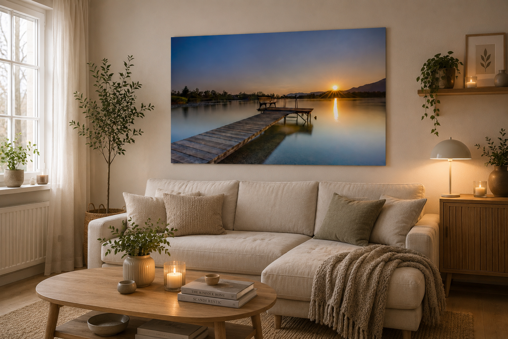 Poster Sonnenaufgang am See an eimem Steg. Gemütliches Wohnzimmer in Naturfarben 