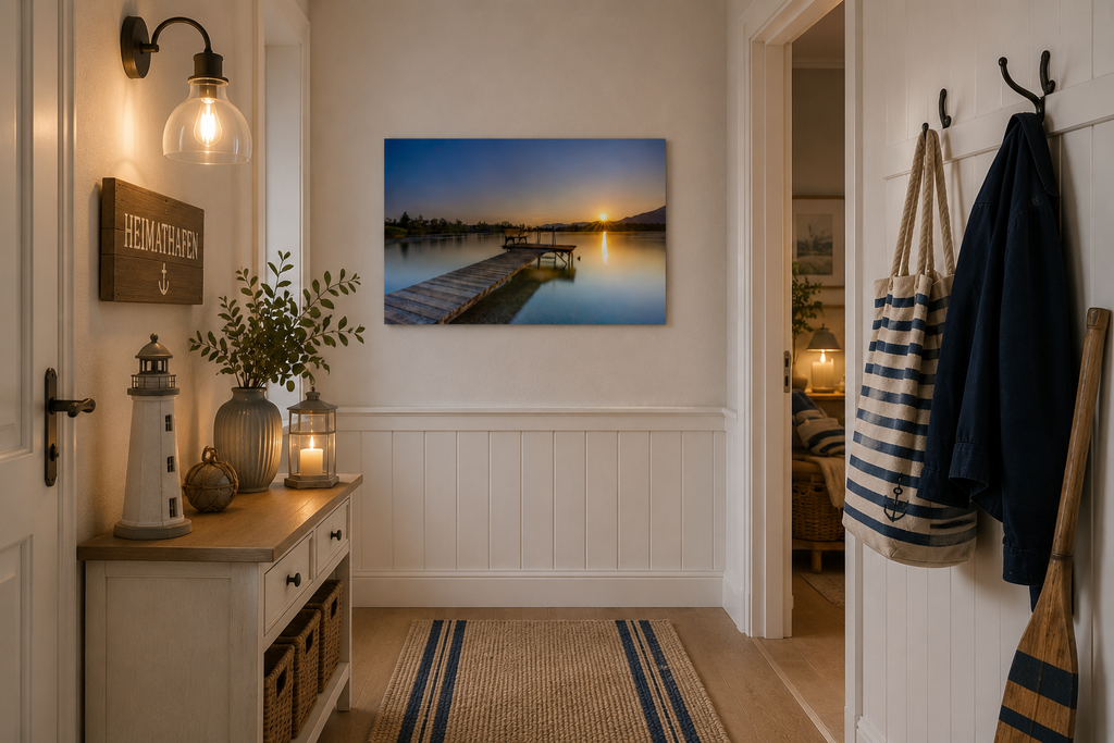 Maritimer Flur mit heller Holzkonsole, nautischer Dekoration und einem  horizontalen Poster eines Sonnenuntergangs am See mit Holzsteg und Spiegelung im ruhigen Wasser. Warme Lichtstimmung, natürliche Materialien und nordisch-küstiger Wohnstil schaffen eine gemütliche Atmosphäre.