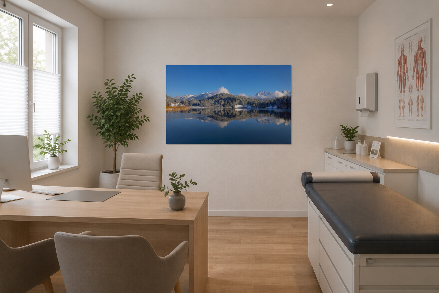 Modern eingerichtete Arztpraxis mit hellem Holz und ruhiger Atmosphäre. An der Wand hängt ein großes horizontales Landschaftsbild mit verschneiten Bergen, winterlichem Wald und klarer Spiegelung im stillen See unter blauem Himmel. Das ungerahmte Wandbild bringt Ruhe und Weite in den RauM