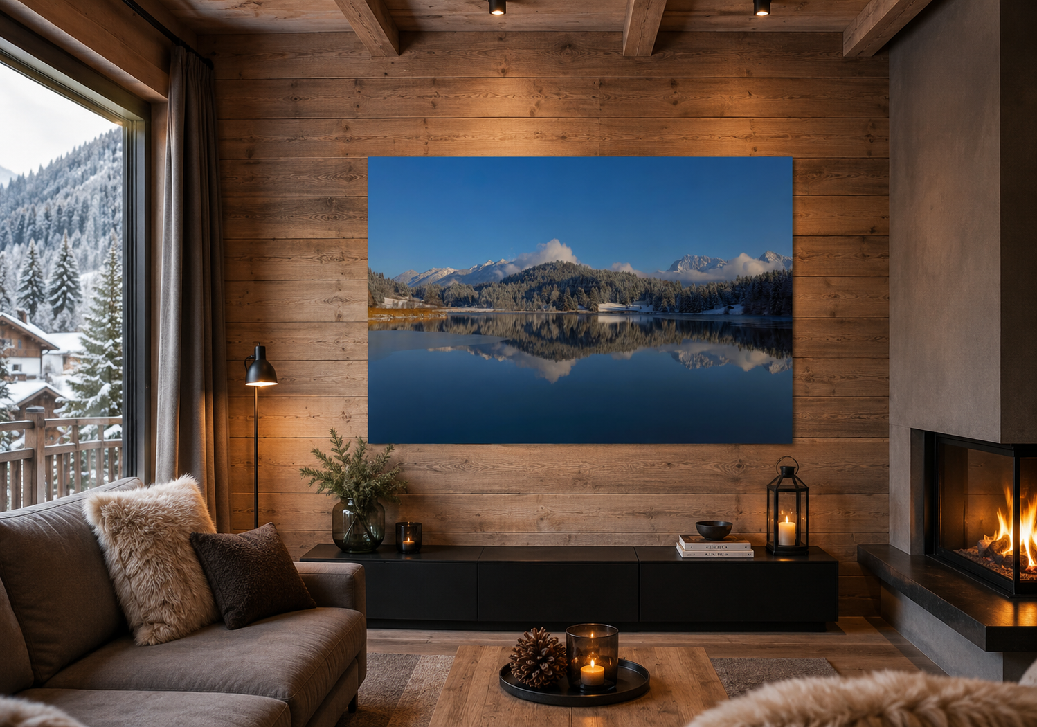 
Modernes Chalet mit naturbelassener Holzwand, Kamin und warmem Licht. An der Wand hängt ein großes horizontales Bild , Aluminium Print,im Format 70x100 cm mit winterlicher Berglandschaft, verschneitem Wald und spiegelglattem See unter klarem blauem Himmel. Die ruhige Farbwirkung und das natürliche Holz schaffen eine gemütliche alpine Atmosphäre