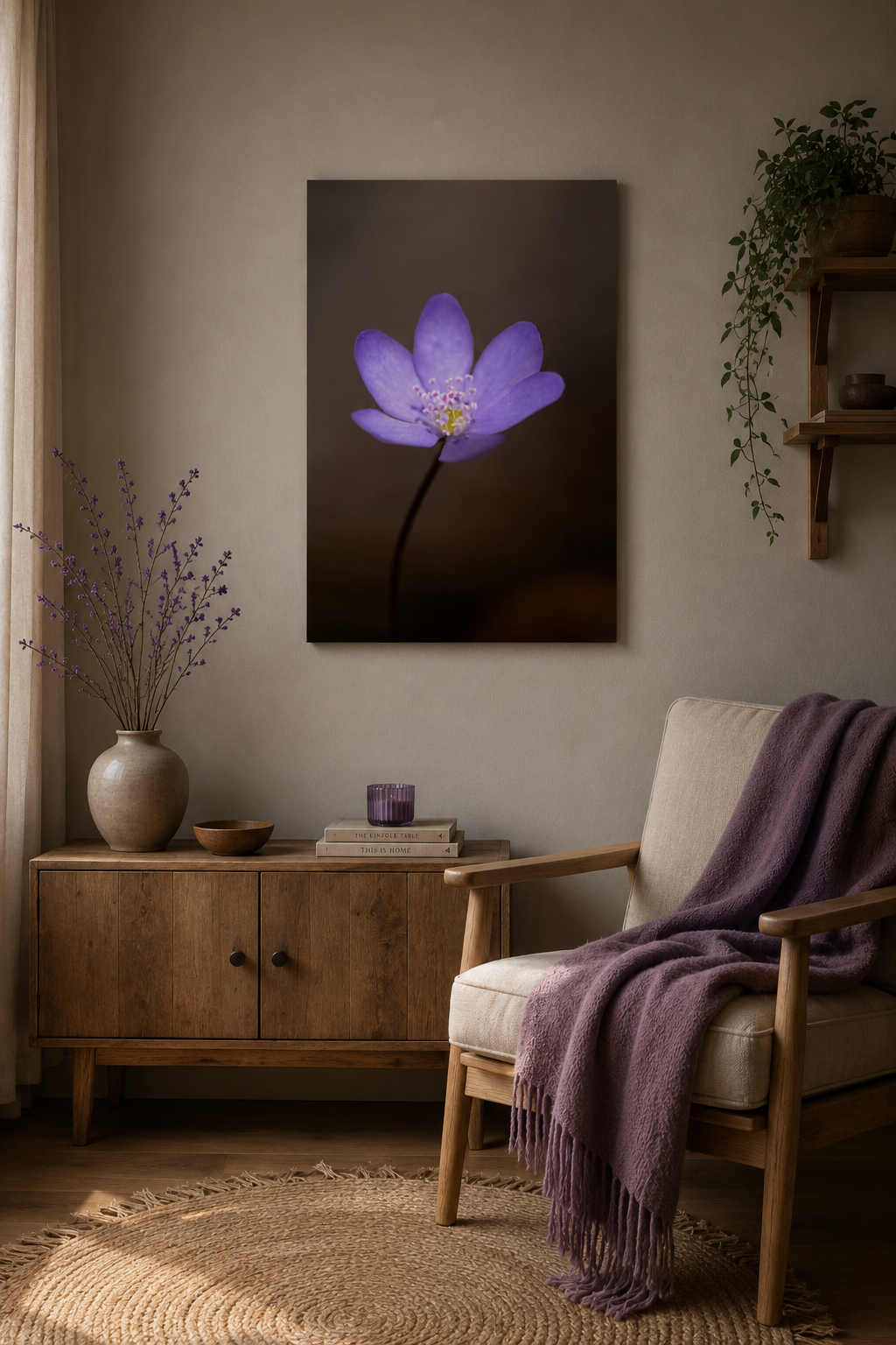 Zart violettes Leberblümchen in Nahaufnahme mit feinen Blütenstrukturen vor sanft unscharfem dunklem Hintergrund. Natürliche Makrofotografie mit weichen Farben und ruhiger Ausstrahlung. 